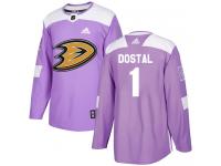 #1 Adidas Authentic Lukas Dostal Men's Purple NHL Jersey - Anaheim Ducks Fights Cancer Practice