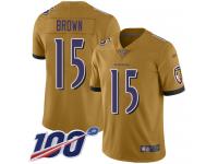 #15 Limited Marquise Brown Gold Football Youth Jersey Baltimore Ravens Inverted Legend 100th Season