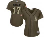 #17 Women's Shohei Ohtani Replica Jersey Green MLB Majestic Los Angeles Angels of Anaheim Salute to Service