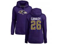 #26 Maurice Canady Purple Football Name & Number Logo Women's Baltimore Ravens Pullover Hoodie