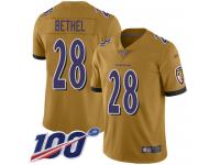 #28 Limited Justin Bethel Gold Football Youth Jersey Baltimore Ravens Inverted Legend 100th Season