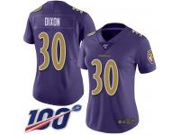 #30 Limited Kenneth Dixon Purple Football Women's Jersey Baltimore Ravens Rush Vapor Untouchable 100th Season