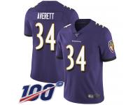 #34 Limited Anthony Averett Purple Football Home Youth Jersey Baltimore Ravens Vapor Untouchable 100th Season