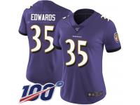#35 Limited Gus Edwards Purple Football Home Women's Jersey Baltimore Ravens Vapor Untouchable 100th Season