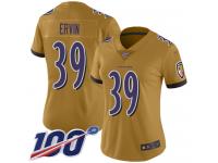 #39 Limited Tyler Ervin Gold Football Women's Jersey Baltimore Ravens Inverted Legend 100th Season