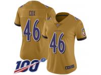 #46 Limited Morgan Cox Gold Football Women's Jersey Baltimore Ravens Inverted Legend 100th Season