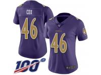#46 Limited Morgan Cox Purple Football Women's Jersey Baltimore Ravens Rush Vapor Untouchable 100th Season
