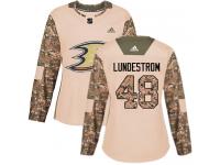 #48 Adidas Authentic Isac Lundestrom Women's Camo NHL Jersey - Anaheim Ducks Veterans Day Practice