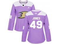 #49 Adidas Authentic Max Jones Women's Purple NHL Jersey - Anaheim Ducks Fights Cancer Practice
