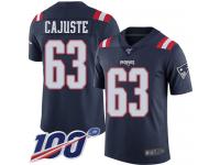 #63 Limited Yodny Cajuste Navy Blue Football Men's Jersey New England Patriots Rush Vapor Untouchable 100th Season