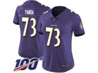 #73 Limited Marshal Yanda Purple Football Home Women's Jersey Baltimore Ravens Vapor Untouchable 100th Season