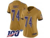 #74 Limited James Hurst Gold Football Women's Jersey Baltimore Ravens Inverted Legend 100th Season