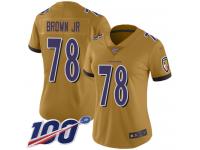 #78 Limited Orlando Brown Jr. Gold Football Women's Jersey Baltimore Ravens Inverted Legend 100th Season