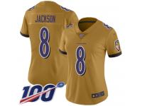 #8 Limited Lamar Jackson Gold Football Women's Jersey Baltimore Ravens Inverted Legend 100th Season
