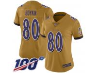 #80 Limited Miles Boykin Gold Football Women's Jersey Baltimore Ravens Inverted Legend 100th Season