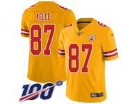 #87 Limited Travis Kelce Gold Football Youth Jersey Kansas City Chiefs Inverted Legend Vapor Rush 100th Season