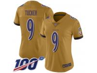 #9 Limited Justin Tucker Gold Football Women's Jersey Baltimore Ravens Inverted Legend 100th Season