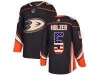Men Adidas Anaheim Ducks #5 Korbinian Holzer Black USA Flag Fashion NHL Jersey