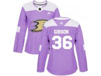 Women's Adidas Anaheim Ducks #36 John Gibson Authentic Purple Fights Cancer Practice NHL Jersey